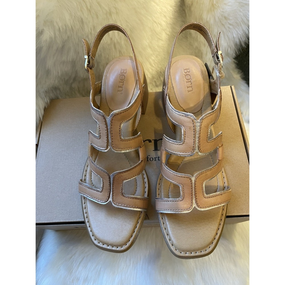 Born Sofia Sandals Womens Natural Nude Artisan Metallic Block Heel Sz 10 - Picture 2 of 8